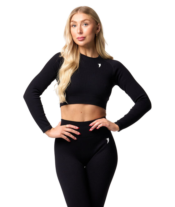 Ribbed Seamless Long Sleeve Top - Black